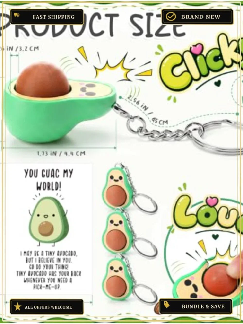 24 Pack Avocado Clicker Keychains Fidget Toy Stress Relief Party Favors PLA